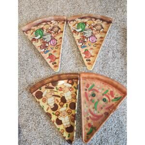 Deborah Mallow Pizza Slice Shaped Plates Set of 4 VTG 90s Party Plastic Face Pig